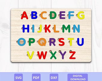 Uppercase Alphabet Puzzle SVG DXF PDF: Wooden Montessori Educational Learning Toy, Laser Cut File, Digital Download.