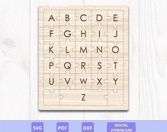Alphabet Letters Puzzle SVG PDF DXF: Montessori Preschool Educational Toy, Laser Cut File, Digital Download.