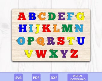 Uppercase Alphabet Puzzle SVG DXF PDF: Wooden Montessori Educational Learning Toy, Laser Cut File, Digital Download.