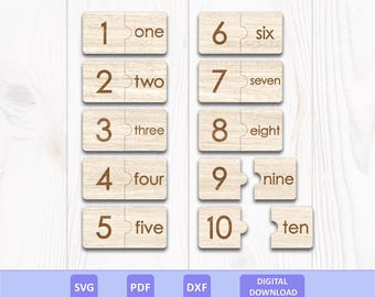Matching Numbers With Words Puzzle SVG DXF PDF: Wooden Montessori Inspired Educational Learning Toy, Laser Cut File, Digital Download.