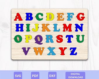 Uppercase Alphabet Puzzle SVG DXF PDF: Wooden Montessori Educational Learning Toy, Laser Cut File, Digital Download.
