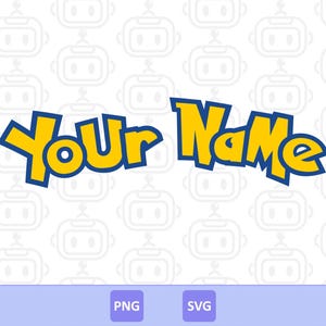 May include: A yellow and blue logo featuring the words "Your Name" in a distinctive font. The text is outlined in blue and filled with yellow. The background is white with a repeating pattern of robot heads. Below the logo are the letters "PNG" and "SVG".