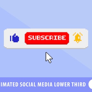 Mídia social de pixel art animado, terço inferior para Youtube, estilo retro, botão de notificação como inscrição, sobreposição de vídeo de introdução para streams.