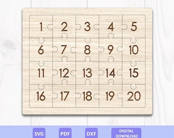 Numbers Puzzle SVG PDF DXF: 1-20 Counting Toy, Montessori Preschool Educational Toy, Laser Cut File, Digital Download.