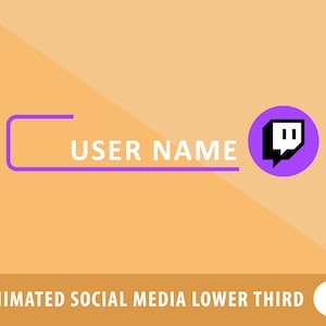 Puede incluir: Tercio inferior animado de redes sociales con un círculo morado que contiene el logotipo de Twitch y el texto "USER NAME" en un cuadro blanco con un contorno morado.