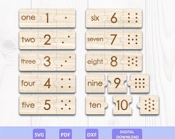 Matching Numbers Puzzle SVG DXF PDF: Wooden Montessori Inspired Educational Learning Toy, Laser Cut File, Digital Download.
