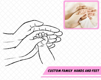 Custom Family Hands Drawing For 3 Figures, Family Hands Drawing Svg, Mother Father And Baby, Family Gift, First Mother's Day, Newborn Svg.