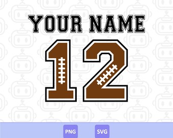 May include: A digital design featuring the text "YOUR NAME" above the number "12". The number is brown with white stitching and a black outline, resembling a football. The text is black with a white outline.