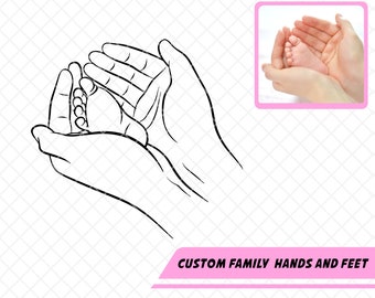 Custom Family Hands Drawing For 3 Figures, Mother Holding Baby Foot, Mother And Baby, Family Gift, First Mother's Day, Newborn Svg.