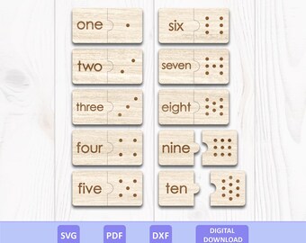 Matching Number Words With Dots Puzzle SVG DXF PDF: Wooden Montessori Inspired Educational Learning Toy, Laser Cut File, Digital Download.