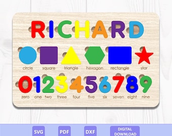 Name Shapes Numbers Board Puzzle SVG PDF DXF: Preschool Learning, Montessori Educational Toy, Laser Cut File, Digital Download.
