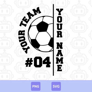 Puede incluir: Diseño en blanco y negro con temática de fútbol. Presenta un balón de fútbol, el texto "YOUR TEAM" en arco arriba y "YOUR NAME" verticalmente a la derecha. El número "04" se muestra debajo.