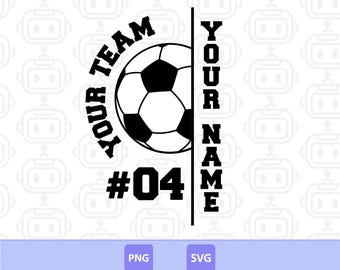 Könnte beinhalten: Schwarz-weißes Fußball-Design mit einem Fußball, dem Text "YOUR TEAM" darüber und "YOUR NAME" vertikal rechts. Die Nummer "04" wird unter dem Ball angezeigt.