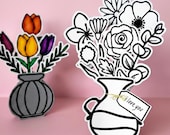 Paper Flower Vase Coloring SVG Template, Thinking of You Gift, 3D Flower Bouquet, Spring Classroom Activity, Printable PDF DIY Crafts