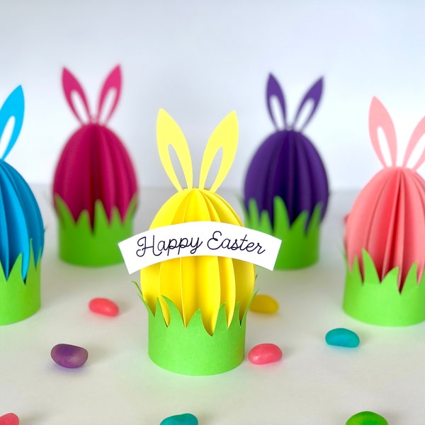 3D Easter egg SVG cut file. Bunny Egg template, great as Easter placement card, hanging ornament, kid's spring party table decor and more.