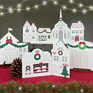 3D kerstdorp SVG. Set van 8 papieren huissjablonen voor de Cricut, Silhouette en dergelijke. Gelaagde dorps-SVG, ideaal als kerstmanteldecor