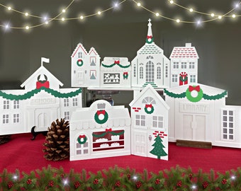 3D Weihnachtsdorf SVG. Set mit 8 Papierhaus-Vorlagen für Cricut, Silhouette und Ähnliches. Geschichtetes Dorf SVG, toll für Weihnachts-Mantel-Dekor