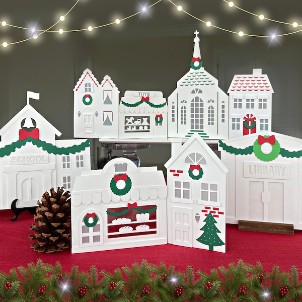3D Christmas village SVG. Set of 8 Paper house templates for Cricut, Silhouette & similars. Layered village SVG, great for Xmas mantel decor