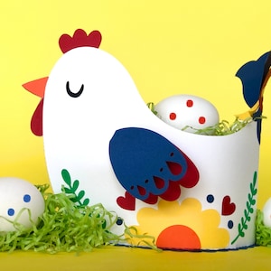 Poulet SVG DIY Spring Decor SVG Style folk scandinave Panier de Pâques en papier Modèle de poulet Cadeau de fête à la ferme Porte-oeufs de Pâques Svg