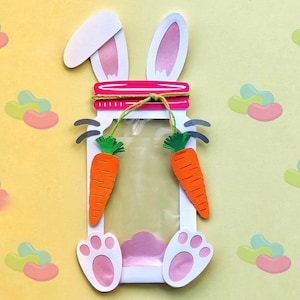 Saco de doces do coelhinho da Páscoa SVG. Em formato de Mason Jar. Use-o como lembrancinha para festas infantis, chás de bebê, Páscoa e muito mais. Clique para aprender!