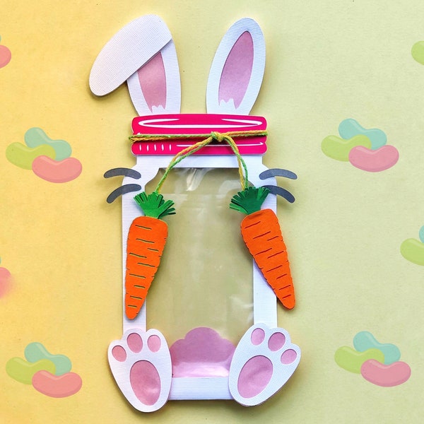 Easter Bunny candy bag SVG. Shaped as a Mason Jar. Use it as a party favor for kids parties, baby showers, Easter and more. Click to learn!