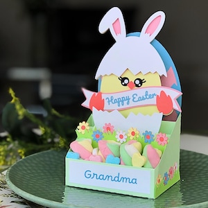 Easter 3D Card SVG, Easter Candy Holder SVG en Easter Place Card SVG. Paaspapier knutselen, doos met lentebedankjes, sjabloon 3-in-1 eiercadeaudoos.