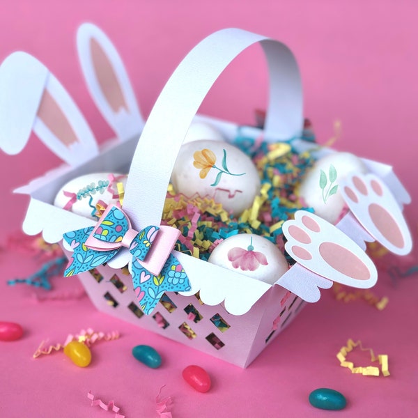 Easter Basket SVG. Includes bunny feet, ears and bow templete. DIY paper craft, ideal as party favor, candy holder & as easter gift for kids