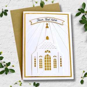 Cartão de felicitações da igreja. Cartão de capela SVG para fazer cartões de papel recortados para casamento, sagrada comunhão, batizado, Páscoa, confirmação e condolências.