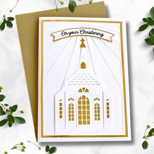Carte de voeux d'église. Carte de la chapelle SVG pour faire des cartes en papier découpé pour mariage, communion, baptême, Pâques, confirmation et condoléances.