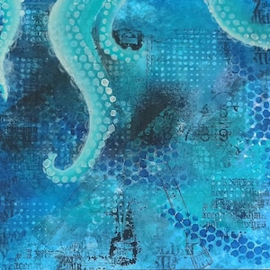 Octopus, octopus, arms, acrylic, acrylic paint, mixed media paper, stamp, stencil, mixed media, 24 x 32 cm