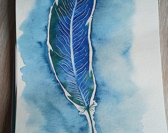 Feather watercolor, watercolor feather, feather, aqiarell, blue, green, wall, art, hand painted, DinA5, watercolor paper