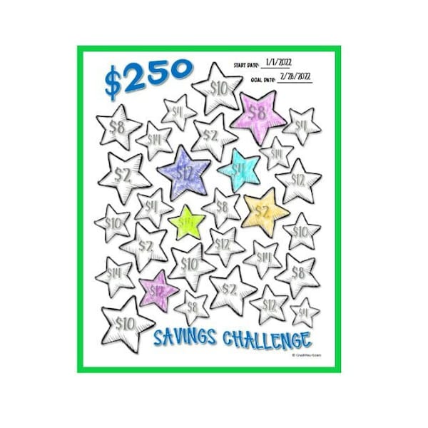 250 Dollar Ersparnis Tracker! Dave Ramsey, Ersparnis-Tracker druckbare, visuelle Ersparnistabelle, Farbtabelle