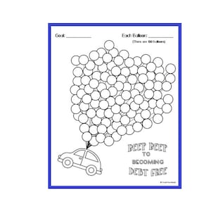 May include: A black and white printable chart with a car and a bunch of balloons. The chart says "Beep Beep to Becoming Debt Free".