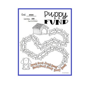 Könnte beinhalten: Eine Schwarzweißillustration eines Hundehauses mit einem Weg aus Hundeknochen, der zu ihm führt. Der Text "Puppy Fund" befindet sich oben im Bild. Der Text "Goal: 1500$" befindet sich oben links im Bild. Der Text "Each Bone: 30$ (There are 50 Bones)" befindet sich unterhalb des Zieltextes.