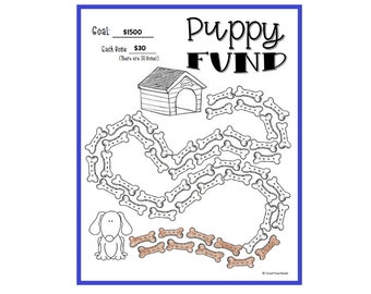 Może przedstawiać: Czarno-biała ilustracja budy dla psa ze ścieżką z kości dla psa prowadzącą do niej. Tekst "Puppy Fund" znajduje się w górnej części obrazu. Tekst "Goal: $1500" znajduje się w lewym górnym rogu obrazu. Tekst "Each Bone: $30 (There are 50 Bones)" znajduje się pod tekstem celu.