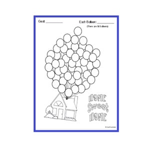May include: Black and white printable colouring page featuring a house with a 'Home Sweet Home' sign, lifted by 50 balloons. The page includes a space to write a goal and a space to write the value of each balloon.