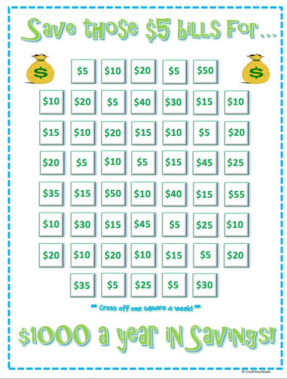 5 Dollar Savings Challenge - 1000 Dollars Total/year