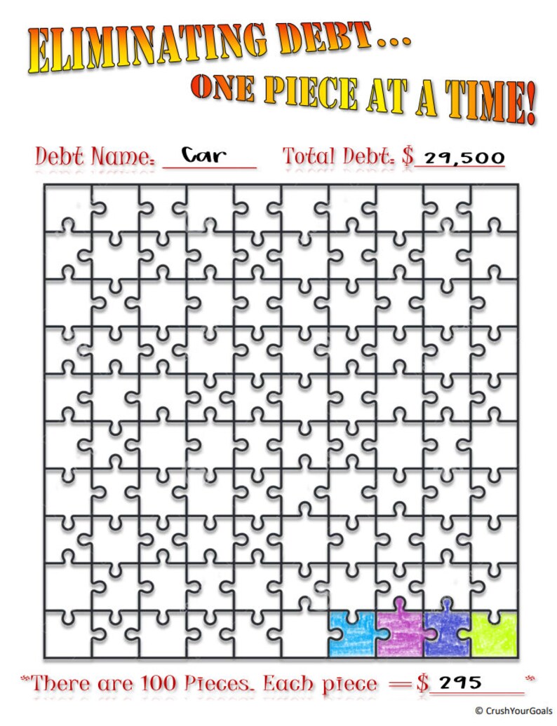 Eliminating Debt One Piece at a Time Tracker Debt Payoff Chart, Debt Tracker, Debt Snowball