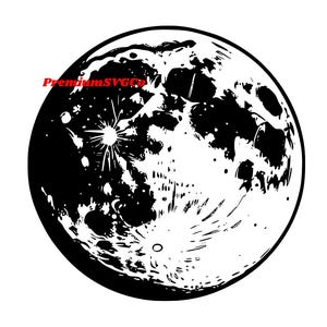 May include: Black and white illustration of the moon, featuring craters and a bright, star-like burst of light. The image has the text "PremiumSVGco" in red at the top.