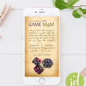 Dungeons & Dragons_D＆D Game-avond_Elektronische uitnodiging_Mobiele uitnodigingssjabloon__D20 dice_Bordspel_Middeleeuws themafeestuitnodiging
