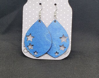 Blue wooden star earrings