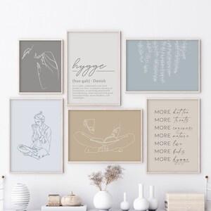 Hygge Art, Blue Beige Printable Gallery Wall Set of 6, Cozy Art, Coffee and Books Prints, Bookish Print, Coffee Art, Abstract Love Line Art