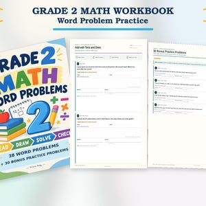 May include: A Grade 2 Math Word Problems workbook featuring a colourful cover with a stack of books, an apple, and a pencil. The cover text reads Grade 2 Math Word Problems, 38 Word Problems + 30 Bonus Practice Problems. Two interior pages are shown.