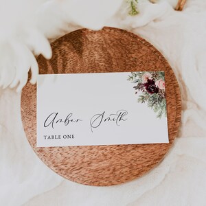 Nome del segnaposto di Natale, modello di segnaposto per tavolo da matrimonio bordeaux, nome del segnaposto per matrimonio invernale romantico, segnaposto modificabile