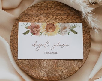 Printable Sunflower Place Card Template Editable Sunflower Wedding Name Cards for Table, Boho Sunflower Seating Card, Sunflower Escort Card