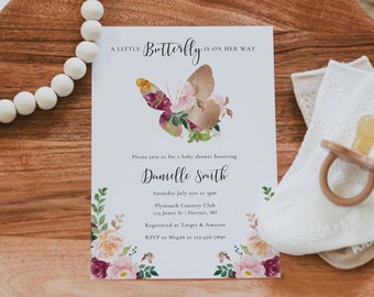 Floral Butterfly Baby Shower Invitation for Girl Baby Shower, A Little Butterfly Is On Her Way Invitation Template, Butterfly Themed Party