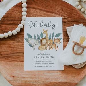 Oh Baby Safari Baby Shower Invitation Template, Editable Jungle Baby Shower Invitation Digital, Cute Safari Animal Baby Shower Invite