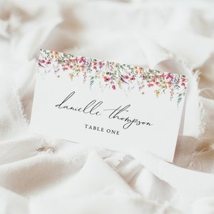 Modèle de marque-place fleurs sauvages, marque-places nom mariage printemps, couverts floraux pour la douche nuptiale, marque-place modifiable à télécharger