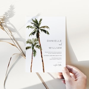 Tropische Palmen-Hochzeitseinladungsvorlage, Hochzeitseinladung am Strand, Strandhochzeitseinladung bearbeitbare Vorlage, druckbare tropische Hochzeitseinladung