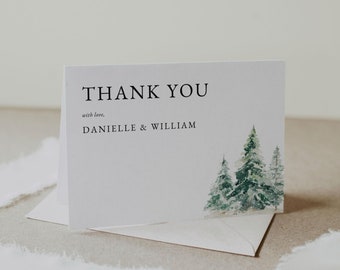 Pine Tree Thank You Card Printable, Pine Thank You Card Template, Winter Wedding Thank You Card, Folded Thank You Card, Flat Thank You Card